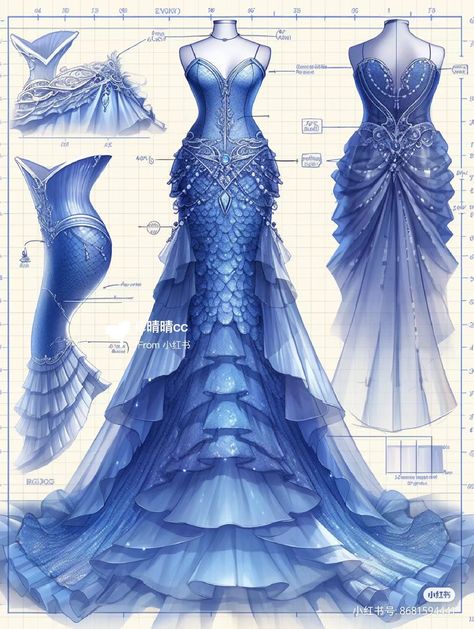 Mermaid Dress Design Sketch, Blue Mermaid Wedding Dress, Kokomi Mermaid, Fairy Dress Drawing, Mermaid Outfit Ideas, Digital Dress, Fairy Dresses, Fantasy Dresses, Theme Dress