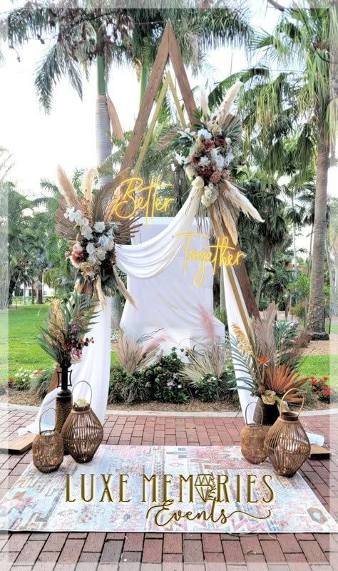 wedding floral boho ceremony Triangle Wedding Arbor With Drape, Triangle Arch Wedding Drape, Triangle Arch With Drapery, Wedding Triangle Arch With Drapes, Triangle Wedding Arch With Fabric, Triangle Arch Decor, Wedding Triangle Arch Ideas, Double Triangle Wedding Arch, Wedding Decorations Arch