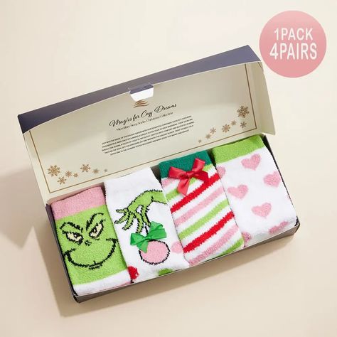 These Grinch Christmas Gift Sock Set will make the perfect gift! Set of 4. ❤️🎄 #grinch #christmas #holiday #happy Cute Christmas Gift Socks, Cute Green Socks For Stocking Stuffers, Grinch Socks, Fuzzy Socks Gift, Christmas Socks Cute, The Grinch Merchandise, Fuzzy Socks, Soft Sock, Christmas Bundle