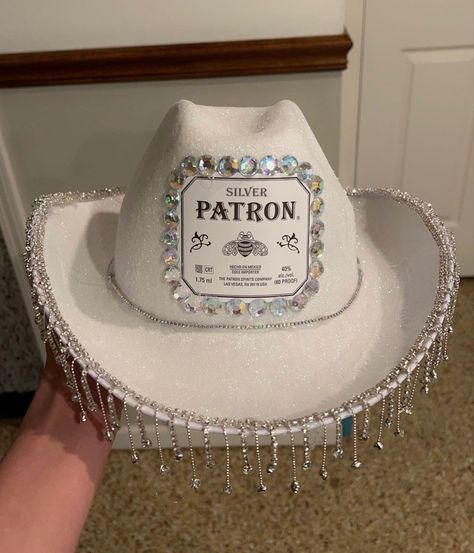 Liquor Bottle Cowboy Hats, Patron Hat Party, Patron Cowgirl Hat, Patron Halloween Costume Cowboy Hat, Titos Alcohol Cowboy Hat, Alcholic Drink Cowboy Hats, Patron Cowboy Hat, Cowboy Hats Decorated Like Alcohol, Homemade Cowboy Hat