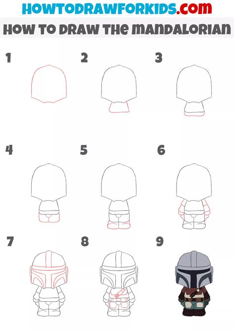 How to Draw the Mandalorian Step by Step - Easy Drawing Tutorial How To Draw Mandolorians, How To Draw Grogu Step By Step, How To Draw The Mandalorian, How To Draw Mandalorian, How To Draw Grogu, Easy Starwars Drawing, Mandalorian Drawing Easy, How To Draw Baby Yoda, Mandalorian Helmet Drawing