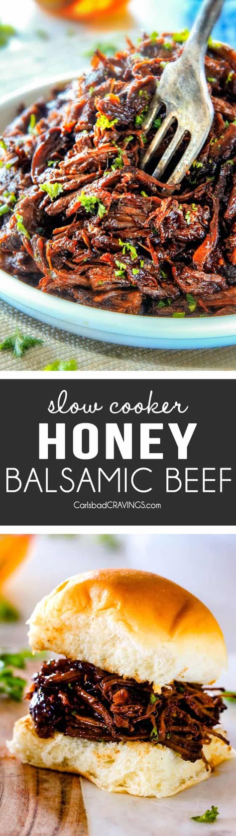 I am obsessed with this sweet and tangy, savory Slow Cooker Honey Balsamic Beef!!!  It's fall apart tender, crazy juicy, packed with flavor and smothered in the most AMAZING honey balsamic sauce!  perfect for sandwiches or stand alone delicious with rice and potatoes! via @carlsbadcraving Beef Sandwiches Crock Pot, Shredded Beef Sandwiches, Healthy Recipes Crockpot, Balsamic Sauce, Slow Cooker Roast Beef, Recipes Potato, Beef Sandwiches, Slow Cooker Recipes Beef, Diy Easy Recipes