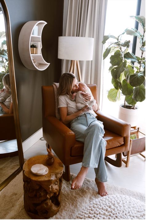 Leather Chair Nursery, Nursery With Leather Chair, Dark Brown Nursery Furniture, Leather Nursery Chair, Nursery With Daybed, Indie Nursery, Dark Wood Nursery, Hobbit Room, Textured Feature Wall