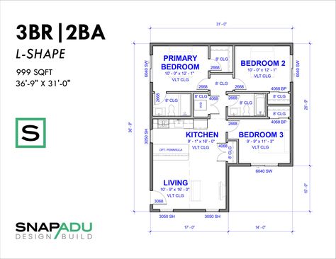 L Shaped House Plans Small 3 Bedroom, Granny Flat Plans, Flat Plan, Guest House Plans, 3 Bedroom Floor Plan, L Shaped House, Custom Floor Plans, Apartment Floor Plan, Accessory Dwelling Unit