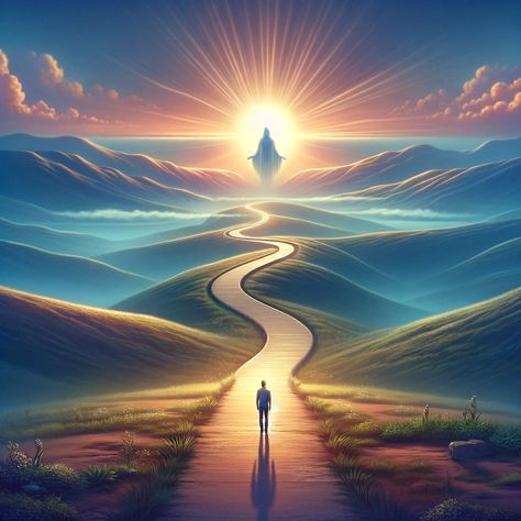 A serene landscape depicting a spiritual journey. In the foreground, a lone figure stands humbly on a winding path, symbolizing a person realizing the gravity of their actions. The path leads towards a distant, radiant light, representing reconciliation and spiritual healing. The surrounding environment is peaceful, with gentle hills and a calm sky, symbolizing tranquility and introspection. This image captures the essence of seeking forgiveness and the journey towards spiritual enlightenment. Soul Background, Enlightenment Painting, Spiritual Pictures Art, Calm Symbol, Soul Journey, Peace Images, Journey Poster, Light Of God, Peace And Calm