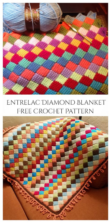 Tunisian Crochet Entrelac Diamond Blanket Free Crochet Pattern - Video Enterlac Crochet, Crochet Entrelac, Tunisian Crochet Free, Entrelac Knitting, Tunisian Crochet Blanket, C2c Crochet Pattern Free, Crochet Baby Blanket Free Pattern, Tunisian Crochet Patterns, Tunisian Crochet Stitches