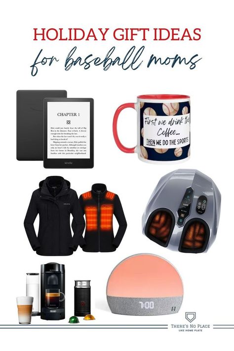 Visual gift guide for Christmas Gifts for Baseball Moms including a coffee cup, espresso machine, foot massager, and heated jacket. Baseball Dad Gifts, Dad Gifts For Christmas, Baseball Christmas Gifts, Baseball Christmas Tree, Baseball Family, Baseball Mom Gifts, Baseball Christmas, College Baseball, Team Mom