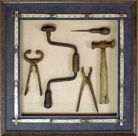 shadow box for old tools Tool Display, Shadow Box Memory, Dresser Redo, Woodworking Logo, Shadow Box Ideas, Imaginary Friends, Woodworking Classes, Work Diy, Antique Tools