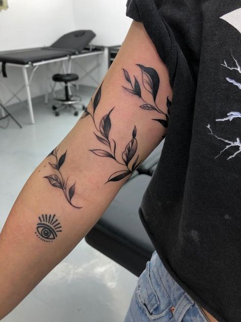 Upper Arm Leaf Tattoo, Leaves Wrap Around Tattoo, Sun Cover Up Tattoo, Bicep Wrap Tattoo, Vine Filler Tattoo, Leaf Wrap Around Tattoo Arm, Wrap Around Forearm Tattoo, Wraparound Tattoo, Bicep Tattoo Women