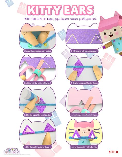 Make Your Own Kitty Ears with Gabby’s Dollhouse - Tabbys Pantry Gabby Crafts, Gabby Party, Gabby Dollhouse, Sprinkle Party, Doll House Crafts, Netflix Show, Winter Break, Cat Party