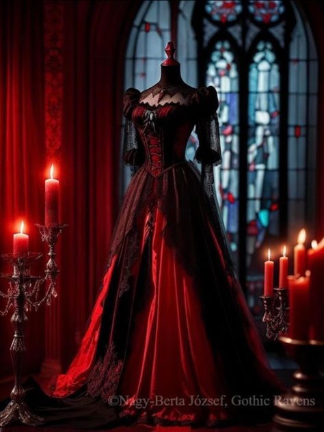 Red And Black Victorian Wedding Dress, Gothic Ball Gown Victorian, Dark Fantasy Ballgown, Dark Red Fantasy Dress, Black And Red Fantasy Dress, Fantasy Dress Red, Vampire Ball Aesthetic, Vampire Dress Victorian, Vampire Ballgown