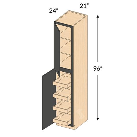 UT212496-ROT/4 - Colonial II Maple Ebony Pantry Utility Cabinet with Roll Out Trays ( 2 Door) - Framed Assembled Kitchen Cabinet Extra Tall Upper Kitchen Cabinets, Tall Cabinets Kitchen, Pantry Built In Cabinets, Tall Kitchen Cabinets Ideas, Pantry Cabinets In Kitchen, Built In Pantry Cabinet Wall, Tray Cabinet, Pantry Utility, Pantry Storage Cabinets