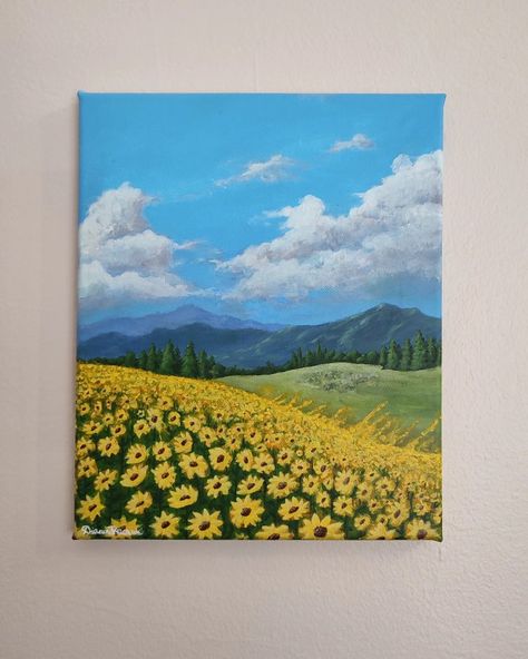 Painting Sunflower Field, Sunflower Field Landscape, Sunflower Field Painting, Arts Aesthetic, Dyi Painting, Beer Painting, Drawing Sunset, Landscape Painting Watercolor, Cartoon Art Drawing