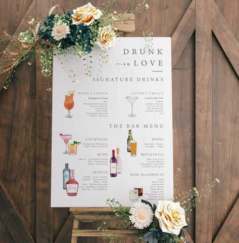 Hers Drinks Wedding, Bar Drinks Wedding Sign, Cocktail List Wedding Sign, Wedding Alcohol Sign, Personalised Cocktails Wedding, Drunk In Love Bar Sign, Cocktail Book Design, Virgin Cocktails, Mint Cocktails