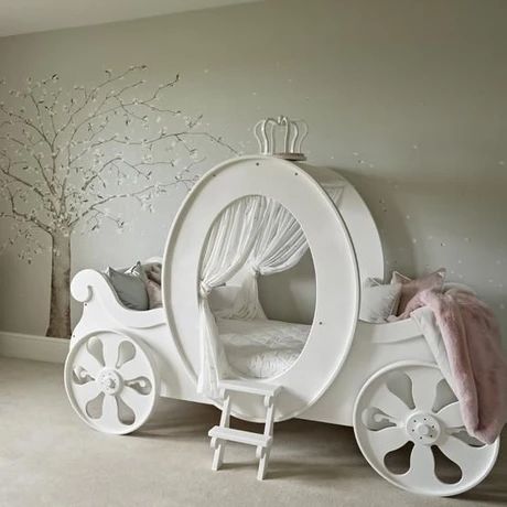 Cinderella Bed, Princess Carriage Bed, Wooden Kids Furniture, Carriage Bed, Feel Like Cinderella, Kids Bed Design, Nursery Interior Design, Bed Crown Canopy, Luxury Nursery