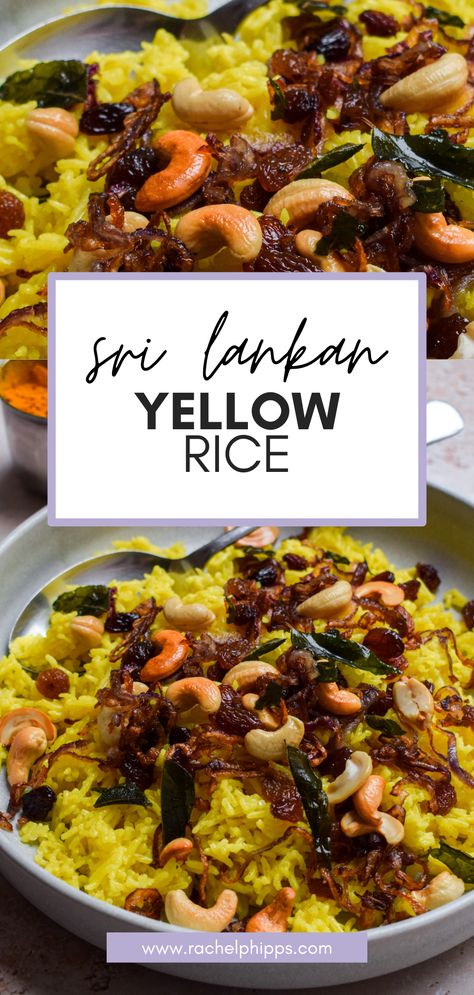 An aromatic recipe for Sri Lankan Yellow Rice is infused with turmeric, cinnamon and cardamom before being finished with coconut milk and a crunchy onion, cashew and sultana topping for a show-stopping rice dish that is sure to steal the show from everything else on the table. Sri Lankan Food Recipes, Srilankan Recipes, 1920's Hairstyles, Yellow Rice Recipe, Sri Lankan Curry, Rice Dishes Recipes, Yellow Rice Recipes, 2023 Recipes, International Dishes