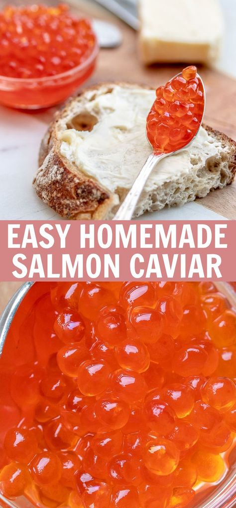 Salmon Egg Recipes, Salmon Caviar Appetizers, Salmon Eggs Recipe, Lemon Caviar Recipe, Salmon Roe Caviar, Salmon Caviar Recipes, How To Make Caviar, Salmon Roe Appetizer, Recipes With Caviar