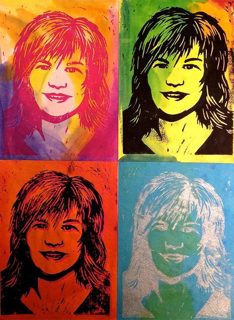 Pop Art Self-Portrait Warhol Printmaking Lesson Linoleum Printmaking, Printmaking Projects, Self Portrait Art, 8th Grade Art, Linoleum Block Printing, 6th Grade Art, 5th Grade Art, Self Portraits, Pop Art Portraits