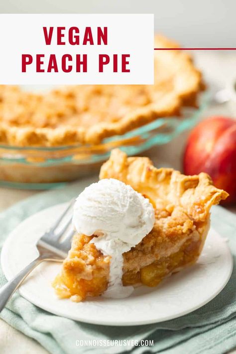 This vegan peach pie is pure decadence! It's made with juicy summer peaches and topped off with buttery cinnamon crumble topping. A big slice with a scoop of vegan vanilla ice cream on top is absolutely heavenly! Vegan Peach Pie, Pie With Crumble Topping, Cinnamon Crumble Topping, Vegan Vanilla Ice Cream, Peach Crumble Pie, Vegan Crumble, Vegan Pies Recipes, Vegan Pie Crust, Vegan Peach