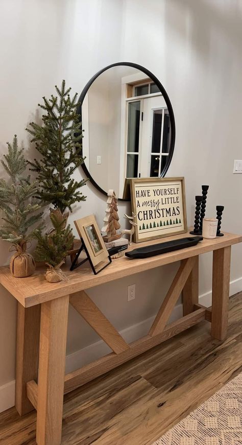 Neutral Christmas Tv Stand Decor, Christmas Small Entryway Decor, Small Spaces Christmas Decor, How To Decorate Tv Stand For Christmas, Christmas Decor Ideas For Sofa Table, Above Cabinet Decor Christmas, Neutral Christmas Decor Diy, Christmas Hallway Table Decor, Hallway Table Christmas Decor