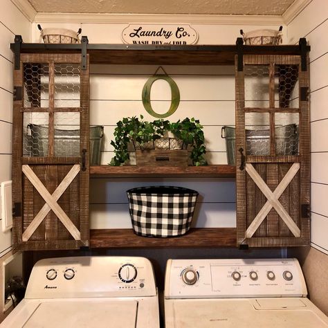 Diy Farmhouse Laundry Room mobile home makeover, faux shiplap, 12 x 2 boards for shelves. Doors from Hobby Lobby. Single Wide Farmhouse Remodel, Single Wide Laundry Room, Singlewide Mobile Home Farmhouse, Rustic Farmhouse Mobile Home, Farmhouse Mobile Home Decor, Diy Farmhouse Laundry Room Ideas, Diy Farmhouse Renovation, Single Wide Farmhouse Decor, Trailer Laundry Room Mobile Homes