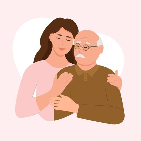 Happy Young woman hugging her old father with love. Father and daughter. Father's day .Portrait of young woman hugging her grandpa. Friendly family relationship. vector flat illustration Father And Daughter Illustration, Father And Daughter, Father Daughter, Flat Illustration, Family Relationships, Young Woman, Cartoon Drawings, Vector Art, Art Reference