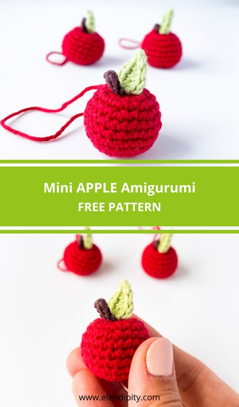 Cute Tiny Crochet Projects, Crochet Mini Food Free Pattern, Crochet Mini Accessories, Crochet Apple Garland, Tiny Crochet Patterns, Amigurumi Fruit Free Pattern, Apple Sewing Pattern, Amigurumi Apple Free Pattern, Crochet Mini Apple Free Pattern