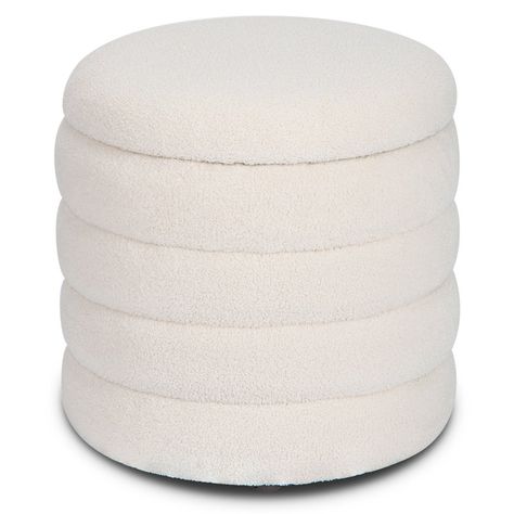 Mercer41 Upholstered Storage Ottoman | Wayfair Organizing Toys, White Ottoman, Square Storage Ottoman, Unique Side Table, Upholstered Footstool, Round Storage Ottoman, Round Storage, Makeup Room, Boucle Fabric