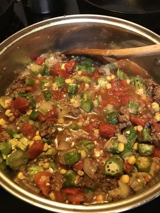 Given to me by a friend, altered slightly by adding cajun seasoning & Ro-tel tomatoes. Serve over rice. Beef Gumbo Recipe, Easy Gumbo Recipe, Gumbo Recipe Okra, Easy Gumbo, Gumbo Recipe Easy, Okra Stew, Okra And Tomatoes, Serve Over Rice, Veggies Recipes