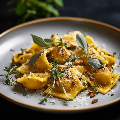 Chestnut & Mushroom Agnolotti with Mascarpone and Fried Sage Recipe Agnolotti Recipe, Marinated Cod, Ginger Slaw, Chestnut Mushroom, Meal Sides, Fried Sage, Weekend Brunch Recipes, Chestnut Recipes, Sage Recipes