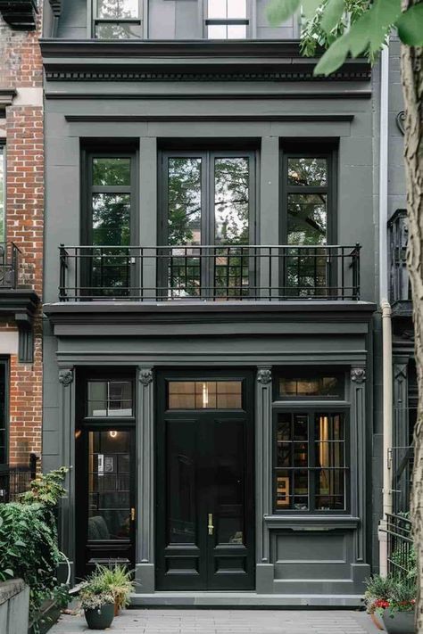 39 Gorgeous Gray Houses With Black Trim Office Building Aesthetic, Gray Houses With Black Trim, Victorian Homes Exterior Colors, Houses With Black Trim, House Black Trim, Office Building Exterior, Gray Houses, Brownstone Homes, Gray House Exterior