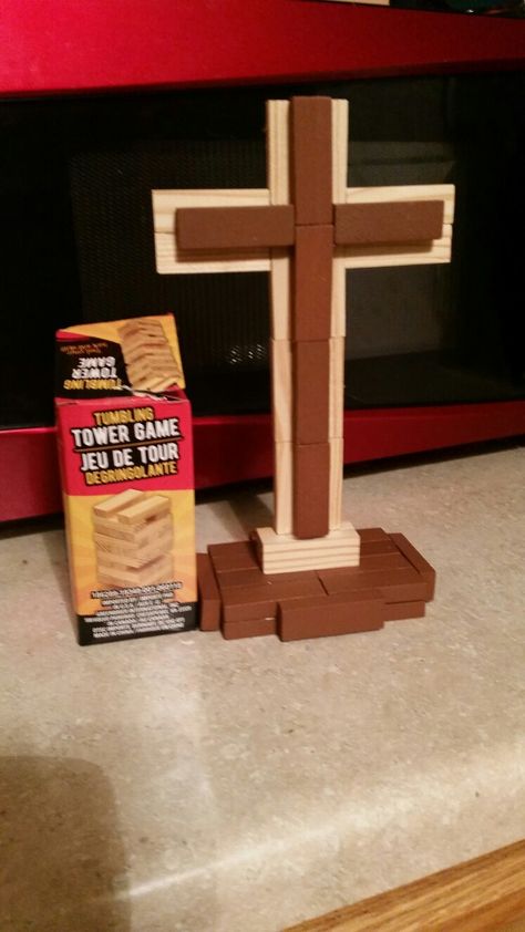 Wooden cross Dollar Store Jenga Block Crafts, Jenga Block Cross, Jenga Block Crafts Diy, Jenga Block Crafts, Jenga Diy, Jenga Crafts, Wooden Crosses Diy, Crosses Diy, Wood Crosses Diy