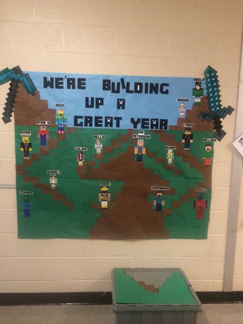 Minecraft classroom bulletin board door Minecraft Themed Classroom, Roblox Bulletin Board Ideas, Minecraft Classroom Door, Minecraft Classroom Decorations, Minecraft Classroom Ideas, Games Bulletin Board Ideas, Pta Signs, Minecraft Bulletin Board, Minecraft Door