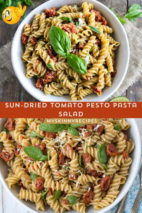 Indulge in the irresistible flavors of this Vegan Sun-Dried Tomato Pesto Pasta Salad 🌿🍅 Bursting with savory sun-dried tomatoes, fragrant basil, and creamy pine nuts, this dish is a perfect blend of richness and freshness! Quick and easy to make, it's perfect for a side dish or a satisfying lunch option. #Vegan #PastaSalad #HealthyEating 🥗#myskinnyrecipes Pesto Pasta Salad With Sundried Tomatoes, Pesto Sun Dried Tomato Pasta, Pesto Sundried Tomato Pasta, Tomato Pesto Pasta Salad, Sundried Tomato Pasta Salad, Tomato Pesto Pasta, Pine Nut Pesto, Basil Pasta Salad, Basil Pesto Pasta