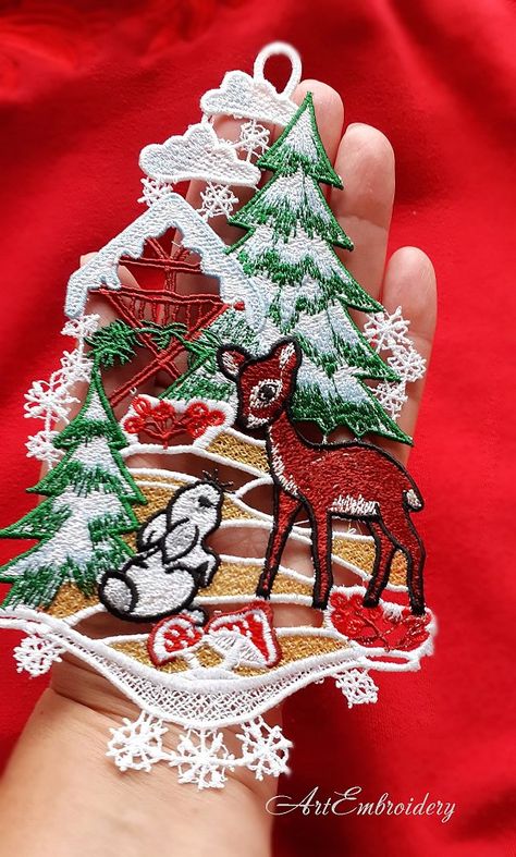 FSL Winter Fairy Tale Deer Embroidery Design Collection by ArtEmbroidery Fsl Embroidery Designs Free, Fsl Earring Designs, Fsl Machine Embroidery, Free Standing Lace Machine Embroidery, Fsl Embroidery Designs, Christmas Machine Embroidery Designs, Fsl Embroidery, Deer Embroidery, Machine Embroidery Christmas