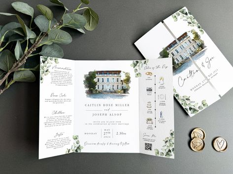 Watercolour Venue Wedding Invitation Modern Gatefold Wedding Invite Gatefold Wedding Invite Venue Watercolour Wedding Invite Eucalyptus by BespokeInvites on Etsy Wedding Venue Illustration, Illustration Invitation, Wedding Invitation Modern, Watercolour Wedding, Venue Illustration, Illustration Wedding, Personalized Ribbon, Text Layout, Venue Wedding