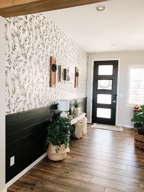 entryway with olive branch peel and stick wallpaper and an entry table and plants Olive Branch Wallpaper Bathroom, Farm House Wallpaper, Wallpaper Homes, Contact Paper Bedroom Wall, Wallpaper Entry Way, Living Room Peel And Stick Wallpaper, Entryway Ideas Wallpaper, Olive Branch Wallpaper, Wallpaper On Wall