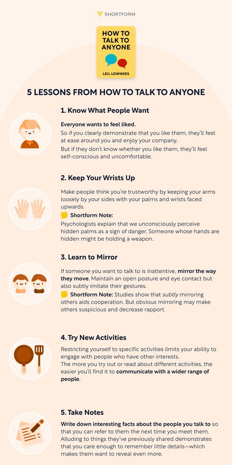 Some of us are naturally smooth, some of us need to be reminded to keep our arms loosely by our sides while talking with someone... 🕺No judgments here! But if you're part of that second group, save this list! 📌 And click for our guide to How to Talk to Anyone by Leil Lowndes!  #shortformguides #communicationtips #nonverbalcommunication How To Talk To Anyone Summary, How To Talk To Anyone Book Summary, How To Talk To Someone, Shyness Aesthetic, How To Talk To Anyone Book, How To Not Be Awkward, How To Talk To Anyone, Leil Lowndes, Visual Summary