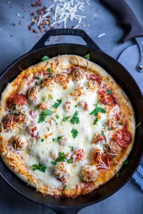 Meatball Pizza - LemonsforLulu.com Meatball Pizza Recipes, Meatball Skillet, Pizza Skillet, Italian Sausage Meatballs, Pizza Marinara, Easy Vegetable Soup, Meatball Pizza, Skillet Pizza, Pizza Roll