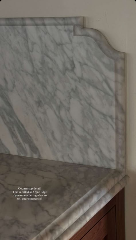 Barbara Westbrook Interiors, Countertop Profile Edges, Ogee Bullnose Edge Countertop, Marble Edge Profile, Counter Edge Options, Curved Marble Backsplash, Ogee Edge Countertop, Counter Top Edges, Countertop Edges