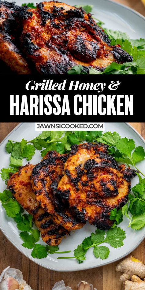 This Grilled Honey Harissa Chicken with Cilantro Cream Sauce have the perfect balance of sweet and heat! This fast and easy 4-ingredient marinade recipe is great for BBQs, and easy enough for a weeknight dinner! Grilled boneless chicken thighs have never been more flavorful! Chicken With Harissa Sauce, Harissa Chicken Marinade, Indian Chicken Thigh Recipes, Honey Harissa Chicken, Harissa Honey Chicken, Grilled Boneless Chicken Thighs, Cilantro Cream Sauce, Thigh Marinade, Chicken Thigh Marinade