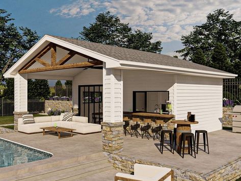 Backyard Pool House, 050P-0019 Pool House With Covered Patio, Pole Barn Pool House Backyard, Rustic Pool House Ideas, Pool House Plans Guest Suite, Pool House Guest House Combo, Modern Pool House Design, Pool House With Outdoor Kitchen, Pool House Floor Plans, Covered Patio Plans