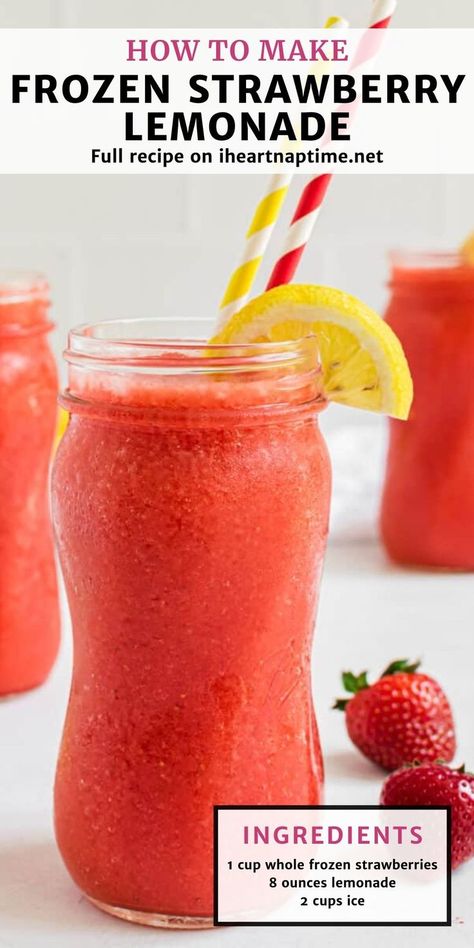 Frozen Strawberry Lemonade Recipe, Frozen Strawberry Lemonade, Lemonade Slushies, Lemonade Smoothie, Strawberry Lemonade Recipe, Frozen Drink Recipes, Slushie Recipe, Frozen Strawberry, Strawberry Drinks