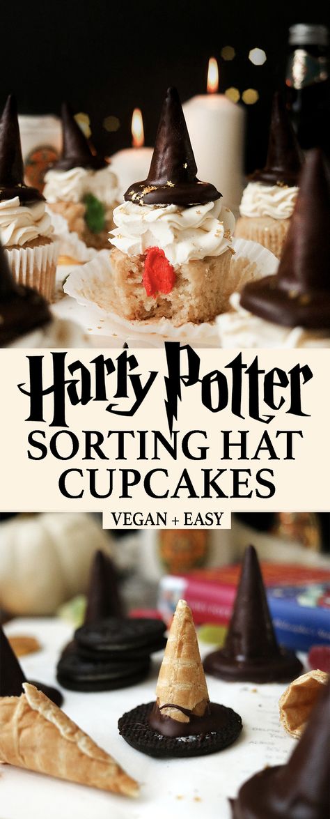 Harry Potter Cupcakes Sorting Hat, Harry Potter Sorting Cupcakes, Diy Harry Potter Cupcakes, Harry Potter Sorting Hat Cupcakes, Vegan Harry Potter Recipes, Harry Potter Snacks Ideas, Harry Potter Cupcakes Ideas, Harry Potter Movie Night Snacks, Harry Potter Muffins