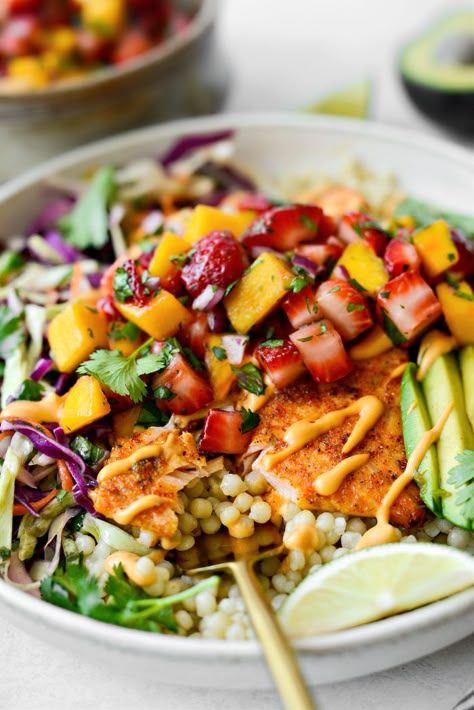 Baja Citrus Salmon with Strawberry Mango Salsa Dinner With Strawberries, Baja Salmon, Strawberry Mango Salsa, Citrus Salmon, Mango Salsa Salmon, Strawberry Avocado, Power Bowls, Healthiest Seafood, Avocado Salsa