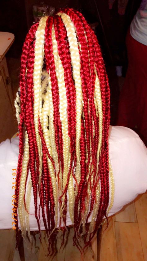 Red Velvet Braids, Burgundy And Blonde Braids, Red And Blonde Braids, Senegalese Braids, Red And Blonde, Cute Box Braids, Peekaboo Hair, Red To Blonde, Blonde Braids