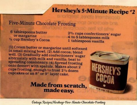 Hershey’s Five Minute Chocolate Frosting - vintage.recipes Hershey Chocolate Frosting, Hershey Chocolate Frosting Recipe, Hersheys Chocolate Frosting, Hersheys Chocolate Cake Recipe, Milky Way Candy, Milky Way Cake, Chocolate Icing Recipes, Hershey Recipes, Witch Recipes