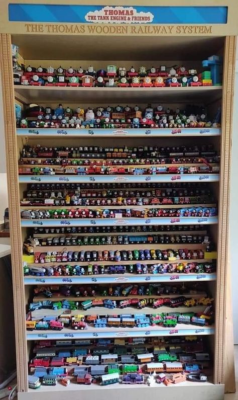 Toy Train Storage, Thomas And Friends Trains, Toy Trains Storage, Toy Trains Set, Train Table, Toy Trains, Toy Display, Playroom Design, Wooden Train