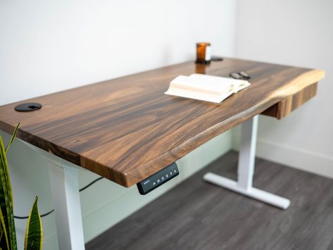 Live Edge Walnut Standing Desk Sit Stand Desk With Drawer Walnut Adjust Standing Desk Wood Desk Solid Wood Desk - Etsy UK Live Edge Desk, Computer Stand For Desk, Wood Office Desk, Desk With Drawer, Computer Desk Setup, Rustic Desk, Desk Wood, Stand Desk, Stand Up Desk