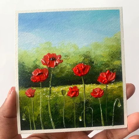 Poppy Painting Acrylic, Poppy Field Drawing, Easy Poppy Flower Painting, How To Paint A Poppy Flower Step By Step, Orange Poppy Painting, Red Poppies Painting, Poppy Field Painting Acrylics, Poppy Field Painting, Red Poppy Painting